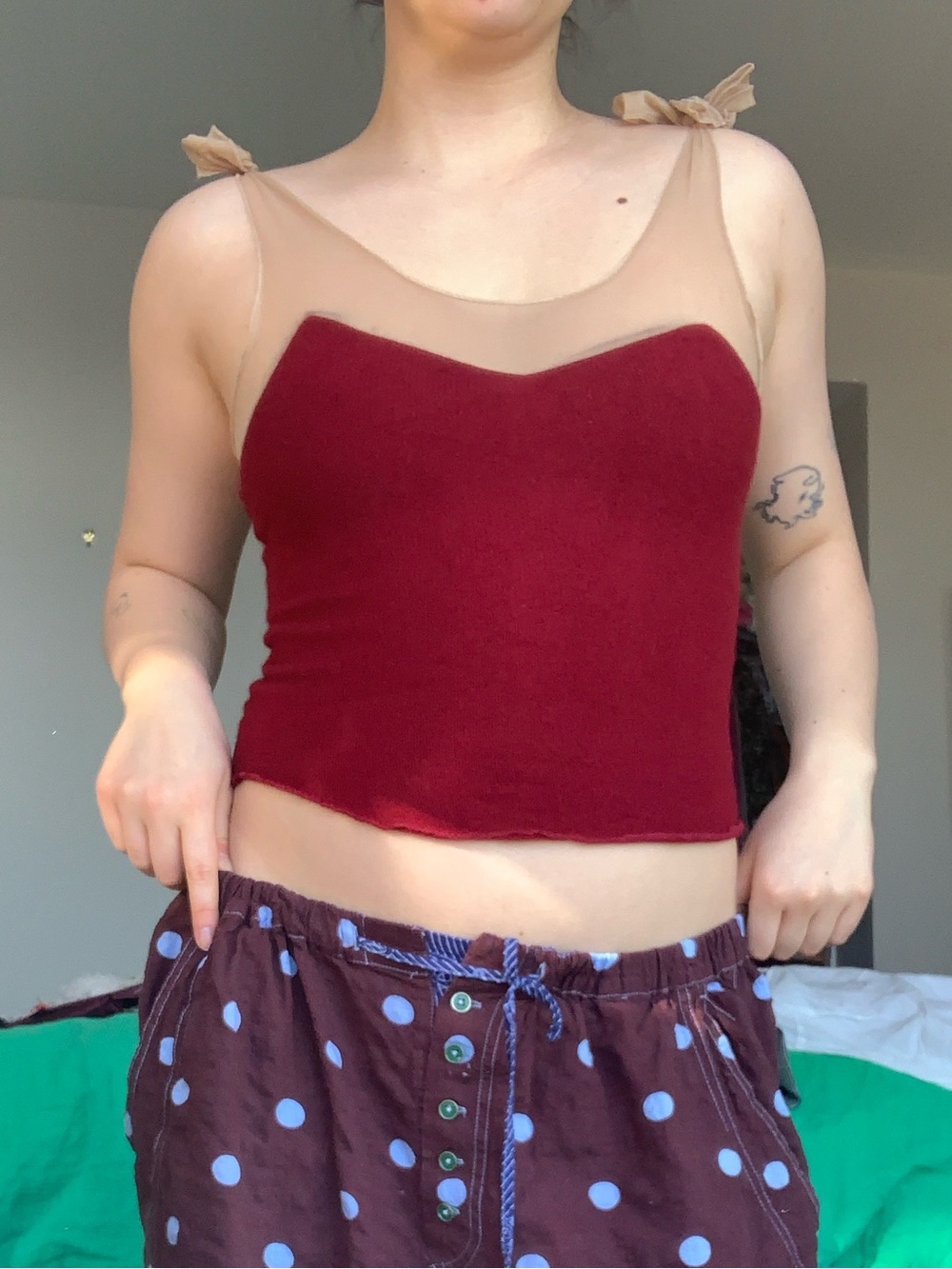 Sleeveless Red Knit Tank with Beige Mesh Yoke